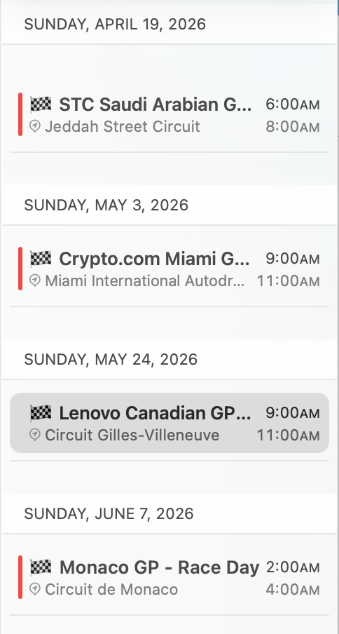 screenshot of a calendar list with the titles of F1 races prefixed with a checkered-flag emoji