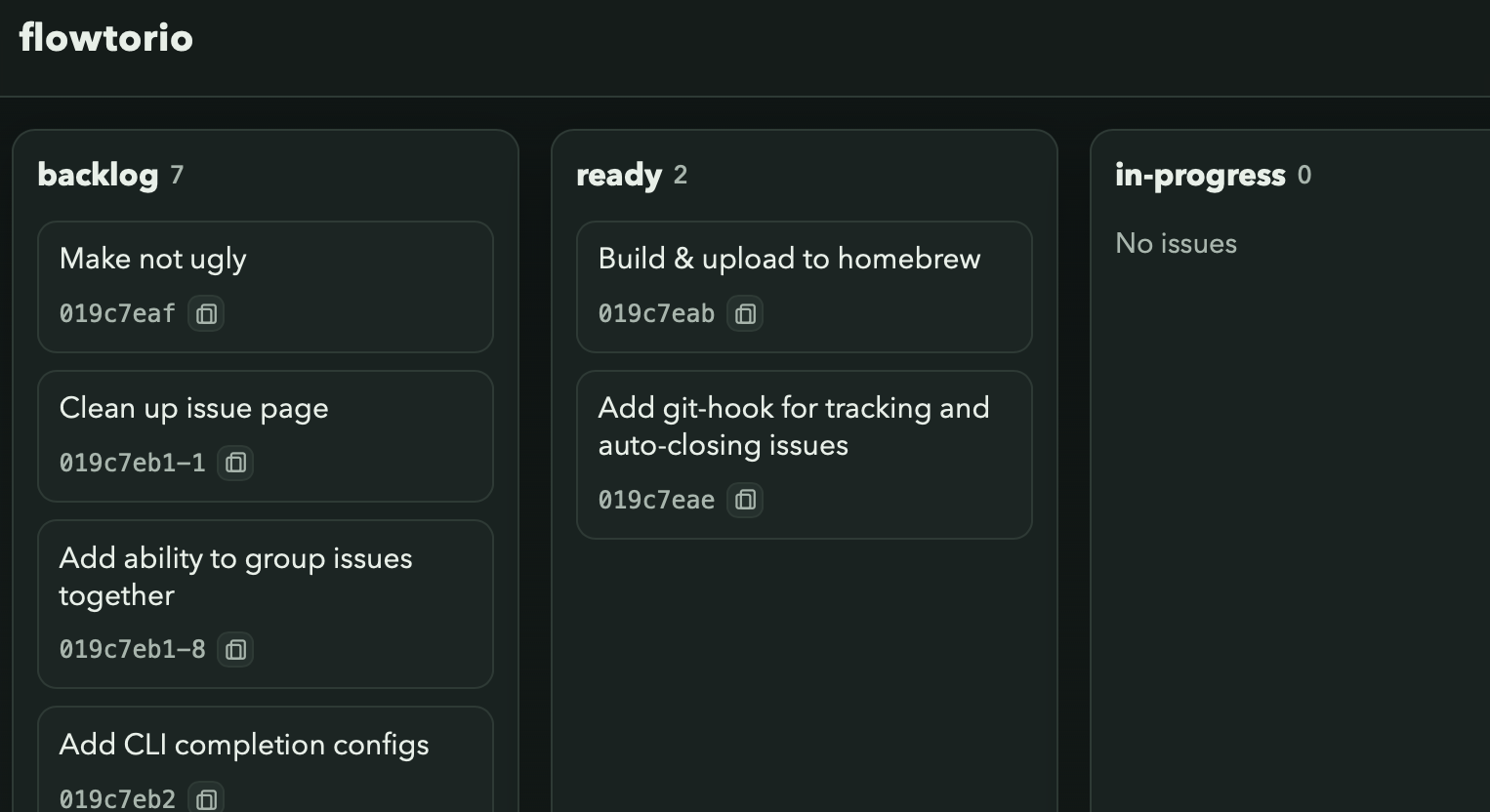 kanban view of flowtorio showing multiple issues across states such as backlog and in-progress